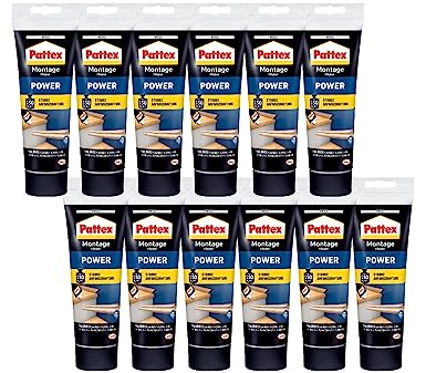 Pattex Montagekleber Power, Baukleber mit starker Anfangshaftung, Kraftkleber für saugende Materialien, Kleber für innen & außen, 12 x 250g