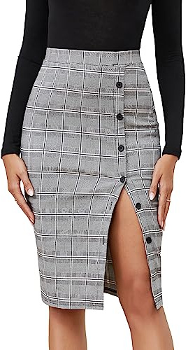 Byinns Women's 2024 High Waist Pencil Skirt Button Slit Work Skirts Plaid Business Bodycon Midi Skirt Knee Length