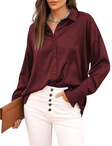 Jhsnjnr Women's Long Sleeve Tops Casual Loose Button Down Silk Shirt Business Elegant Satin Blouse Wine Red