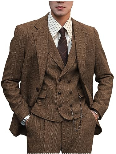 Tuikayoo Herren Anzug Formal Tweed Wolle Fischgrät 3 Stück Hochzeit Slim Fit Anzug Prom Smokings für Trauzeugen（Braun，3XL）