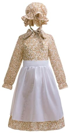 Lito Angels Vestito Costume Floreale Coloniale Pioniere Cameriera con Grembiule e Cappello per Bambina Taglia 5-6 anni, Marrone