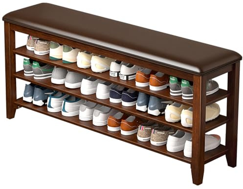 Taitiy Shoe Bench Storage Rubberwood with Leather Cushion for Entryway Bench Ideal for Hallways Shoe Rack Front Doors Entrances Mudrooms Featuring 3 Height-Adjustable and Removable Shelves