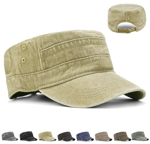 CWENDANER Casquette Homme Vintage Casquette Militaire Réglable Armée Chapeau, Unisex Casquette de Baseball 100%, Coton lavé Vintage Plat Chapeau, pour Sports et Extérieur（Kaki）