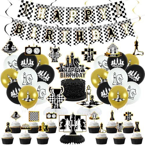 Obussgar Decoraciones de fiesta de cumpleaños de ajedrez, suministros para fiestas de ajedrez, incluyendo pancarta de feliz cumpleaños, espirales, adornos para tartas, centros de mesa, globos (LQ)
