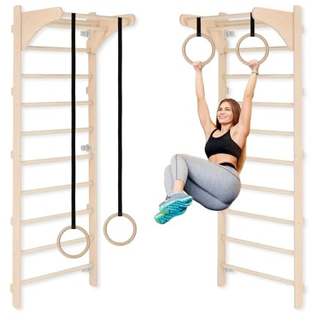 Espalier avec Anneaux en Bois réglables, Appareil d'entraînement pour Adultes, Fitness à Domicile, entraînement de Force et de mobilité, Bois Naturel, Montage Mural, fabriqué en UE, 100