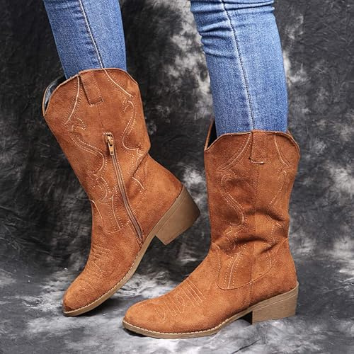 Cowboy Boots For Women Wide Width Embroidered Suede Wide Calf Western Cowgirl Boots With Side Zipper Bohemian Retro Shoes Chunky Low Heel Mid Calf Riding Dress Ladies Winter Shoes