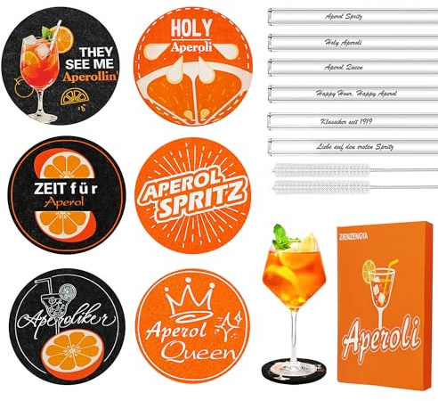 ZIENZENGYA 14 unidades de regalo Aperol Spritz (6 posavasos de fieltro Aperol, 6 pajitas de cristal de 20 cm Aperol Spritz con 2 cepillos de limpieza) Holy Aperoli Spritz Set de regalo para novia