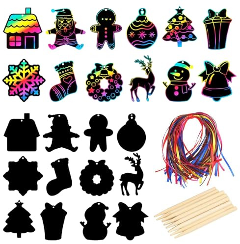 KRISFD Images À Gratter De Noël Pour Enfants, 48 Pièces Décoration De Papier À Gratter Arc-en-ciel Scratch Art Carte À Gratter Enfant Dessin Pour Décoration De Noël D'hiver Fête Cadeaux