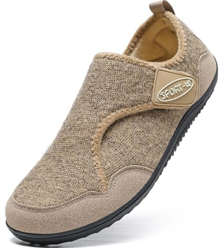 TETSUO Mens Slippers Womens Walking Wide Diabetic Shoes Warm Velvet Lining Soft Barefoot Slippers for Edema Swollen Feet Adjustable House Shoes Non-slip Indoor Outdoor