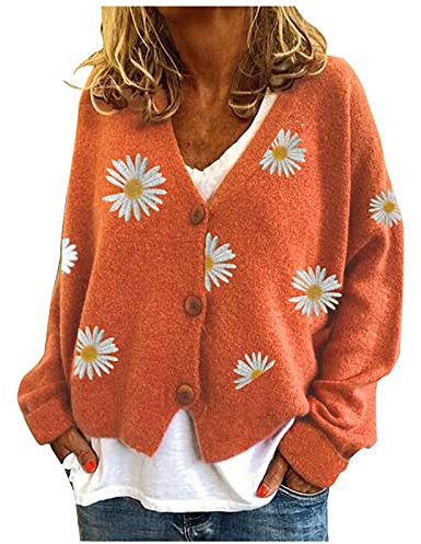 Generisch Jersey cálido para mujer, abrigos de punto, estampado de margaritas, sudadera de manga larga, cuello en V, corte elegante, naranja, XL