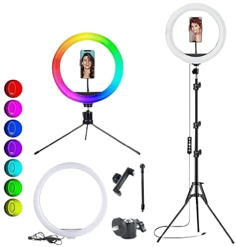 12 Inch RGB Ring Light with 96 Inch Tripod Stand & Phone Holder, Dimmable LED Selfie Light Kit, 12 RGB Colour Modes & 3 White Modes, USB Powered for Live Video, Makeup & Vlogging