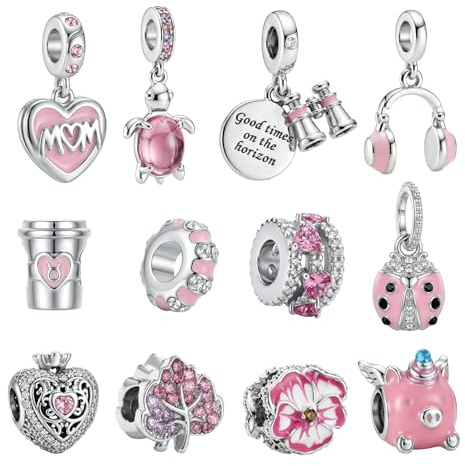HOWAB Charm per Pandora Regalo Donna: 12 Pezzi Charme Argento e Rosa, Ciondolo con Motivi di Tartaruga, Cuore e MOM, Ciondoli per DIY Bracciale e Gioielli, Regalo per Mamma, Amica