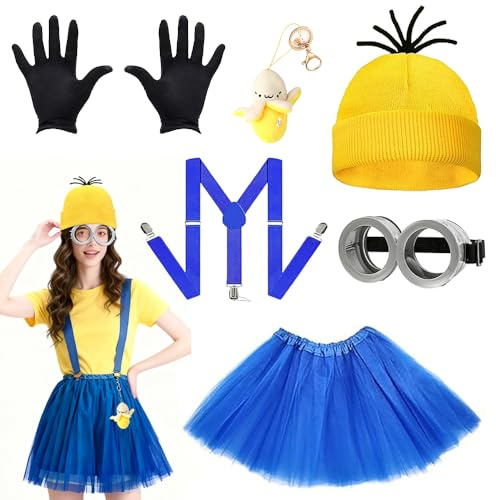 7PCS di costumi gialli set, costume da cosplay giallo per adulti, include occhiali, cappello, guanti,calzini,gonne con bottoni, accessori a banana, festa della giornata mondiale della lettura,cosplay