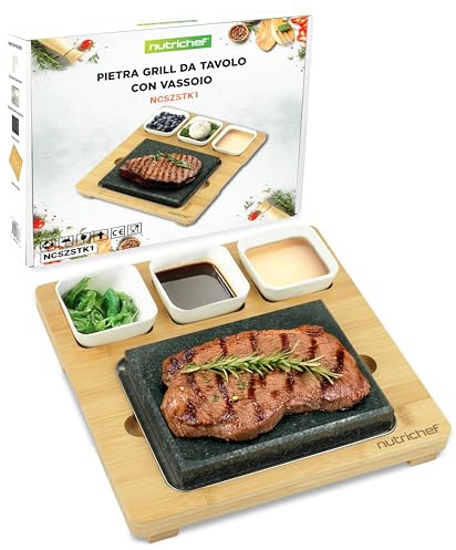 NutriChef Steak Stone Grill, Hot Stone Steak Set, with Bamboo Platter, Stainless Steel Tray, and Ceramic Sauce Bowls, Perfect for Indoor Outdoor Dining, Cooking, Parties and Gifts