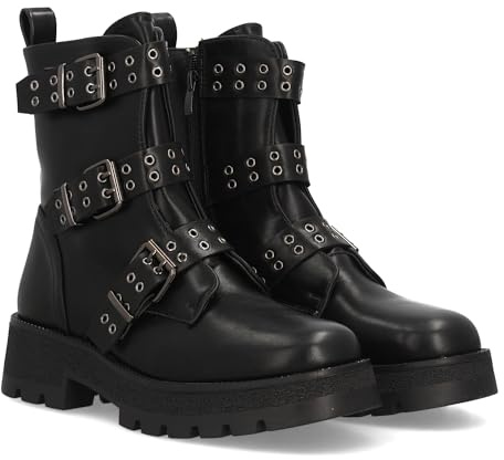 98321 Botines para mujer con suela de plataforma, adornado con multiples tiras decorativas con hebillas y tachuelas metalicas, con cierre de cremallera. Ideal para Otono Invierno. Negro Talla 38