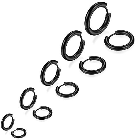 5 paia di orecchini a cerchio in acciaio inox per uomo e donna, orecchini da uomo e donna, nero, piccoli 8-16 mm., acciaio inossidabile, senza gemme