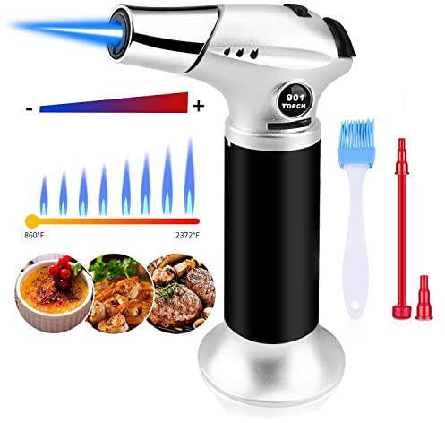 Blovec Butane Torch, Kitchen Blow Torch Cooking Torch Lighter Refillable with Security Lock and Adjustable Flame for Creme Brulee, Baking, BBQ, DIY Soldering (Butane Gas Not Included) (Silver)