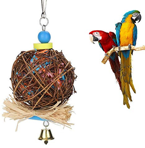 Giocattolo per Pappagalli per Uccelli, Giocattolo da Masticare per Uccelli, Sfera in Rattan Naturale Fornito con Strisce di Carta e Campana di Metallo, Giocattoli per Pappagalli per Uccelli Altalena