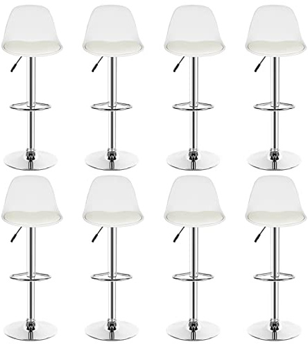 HUOLE Set di 8 Sgabello da Bar Moderno Sgabello Alto con schienale in Simipelle Sedia Alta da Cucina Regolabile Girevole-Bianco-8pz