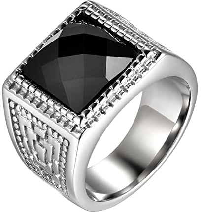 JewelryWe Schmuck Siegelring Herren-Ring Edelstahl Glas Stein Vintage Quadrat Viking Ringe Bandring mit Gravur, Silber Schwarz, Größe 67