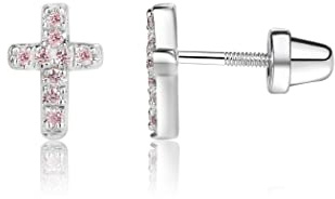 Cherished Moments Children's .925 Sterling Silver Cross Earrings with Tiny Pink CZ Stones with Safety Screw Backs for Baptism, Christening and First Communion Gifts for Girls