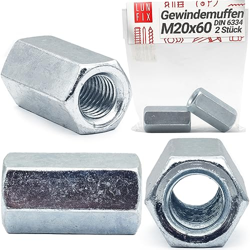 Écrous longs M 20 x 60 mm DIN 6334, lot de 2, manchon fileté hexagonal, acier galvanisé, douille filetée, rallonge pour tige filetée, entretoise de raccordement, classe de résistance 5