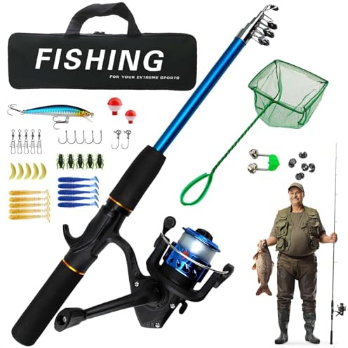 Combos De Pesca, Combo De Caña De Pescar Y Carrete,Kit Completo Combinado de Carrete - Carretes giratorios, caña de Pescar telescópica, Bolsa de Transporte de Pesca, portátil para Agua Salada,
