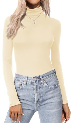 Zeagoo Camiseta Manga Larga Mujer Cuello Alto Camisetas Basica Ajustada T Shirt Térmicas Sólido Camisa Ligero Elástico Suéter Color Crema M