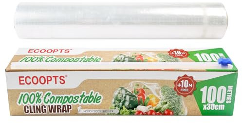 ECOOPTS Pellicola trasparente 100% compostabile con taglierina scorrevole, priva di BPA e biodegradabile, adatta per microonde e congelatore, 30 cm x 110 m