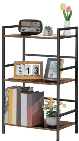 CADUKE 3-stufig Bücherregal, Industrielles Aufbewahrungsregal, Freistehendes Standregal, Offenes Holzregal für Büro, Wohnzimmer, Schlafzimmer, Schwarz und Braun