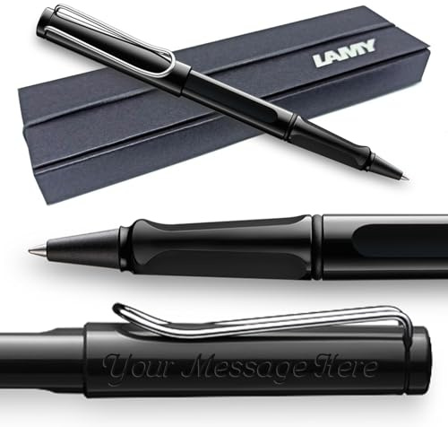 LAMY Safari Tintenroller mit persönlicher Gravur Ergonomischer Griff, mittlere Strichstärke, robuster ASA-Kunststoff, inklusive blauer Mine M 63, Lieferung in Geschenkverpackung, Schwarz (glänzend)