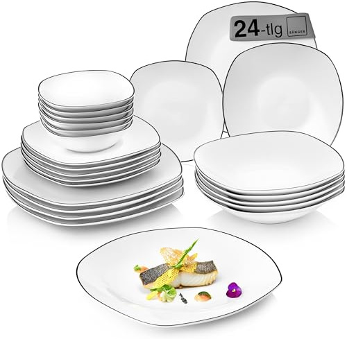 SÄNGER | Kombiservice Bilgola Black Rim 24 tlg, Porzellan Geschirrset 6 Personen, Teller Set spülmaschinenfest, Essgeschirr mit Speisetellern & Schalen, Geschirr mit Schwarzen Akzenten