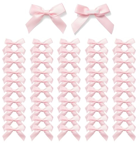 MORSUNBELA Lazo decorativo pequeño rosa para regalo, autoadhesivo, cinta de raso, regalo para San Valentín, paquete de regalo, Navidad, boda, 50 unidades