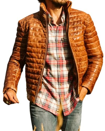 Men's Lambskin Leather Puffer Jacket, Insulated Winter Coat – Genuine Sheepskin Leather Puffer Jacket for Men's (US, Alpha, XX-Large, Regular, Regular, Tan)