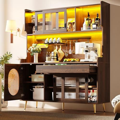 ZKLOEP Mobile da cucina/armadietto a buffet, 145 x 39 x 171 cm, stile rustico, 5 ante, con striscia luminosa a LED e piastra di blocco in vetro, colore: marrone/nero