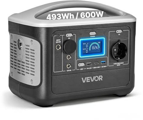 VEVOR Station Électrique Portable 600 W Générateur Solaire Portable 493 Wh Batterie Secours LiFePO4 pour Urgence Domestique, Camping, Voyage Camping-car, 7 Ports de Sortie, Panneau Solaire Non Inclus