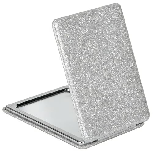 Silver Compact Travel Vanity Mirror for Girls Ladies Women Men, Elegant 2-Sided Folding Makeup Mirrors for Pocket Handbag Purse Wallet Backpack, Slim Magnifying Cosmetic Mirror Portable