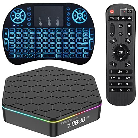 Android TV Box 12.0, 4 Go de RAM / 32 Go de ROM H618 Box TV Android Box Quad Core 64 Bits, Prend en Charge 2.4G + 5G Dual WiFi BT5.0 6K 3D H.265 Smart TV Boxes avec Mini Clavier rétroéclairé sans Fil