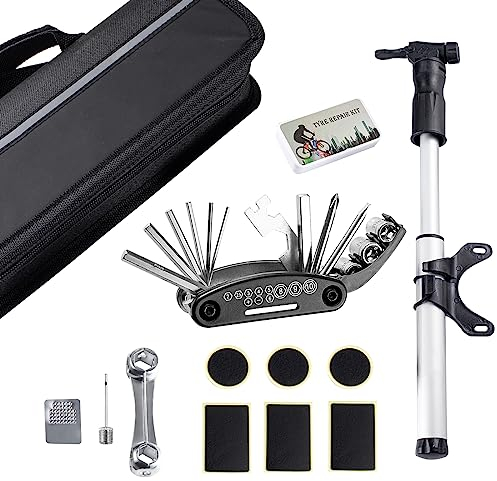 Vihir Fahrrad Multitool Reparaturset Für Unterwegs，16 in 1 Fahrrad Reparatur Reifen Werkzeug Set，Werkzeugset Fahrrad mit Tasche，fahrradreparaturset mit luftpumpe，Selbstklebendes Fahrrad Flicken
