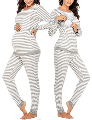 Ekouaer Maternity & Nursing Pajamas Set Striped Knit Long Johns Set Top & Bottom Base Layer for Pregnant Women, S-XXL