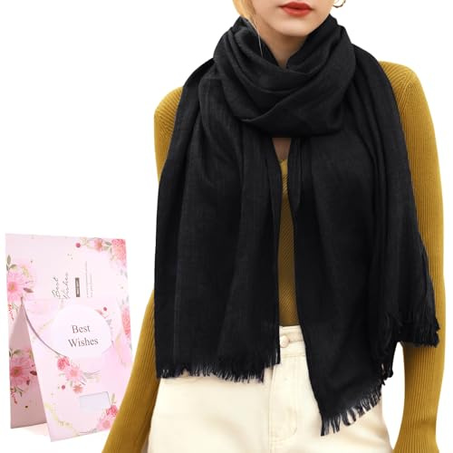 Tuopuda Bufanda Mujer Elegante Chal Estola de Lino Lisa Unisex Bufanda Larga Suave Foulard Primavera Verano Otoño Invierno 95 * 195cm(Negro)