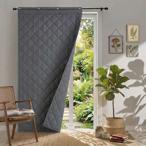 NICETOWN Thermal Insulated Door Curtain - Winter Thick Windproof & Waterproof Curtain, 3-in-1 Hanging (Rod/Hooks/Sticky), Soundproof, 1 Panel, Grey, 34x82 Inch (86x208 cm)