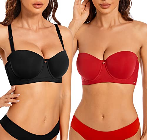 SHEKINI Lot de 2 soutiens-gorge à balconnet sans bretelles, soutien-gorge bandeau push-up à armatures et bretelles amovibles, 1 noir + 1 rouge, 38C
