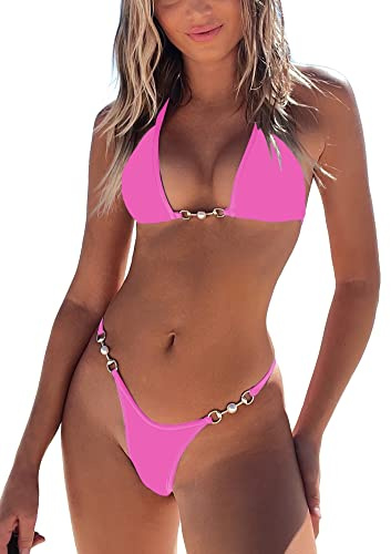TASHEHE Women's Triangle Thong Bikini Set Sexy String Brazillian Two Piece Swimsuit Cute Bikini Bathing Suit - Solid Pink - Small