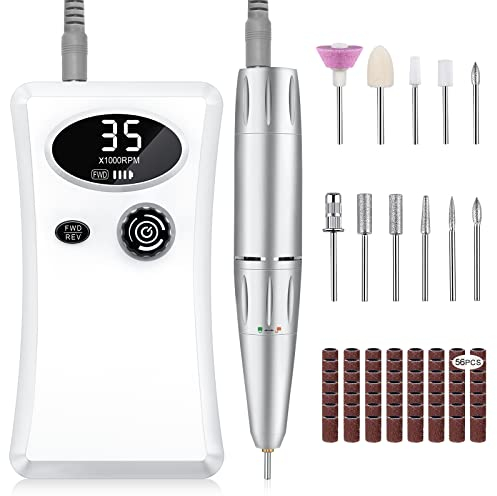 Urbuti Fresa per Unghie Professionale,35000 RPM Portatile e Ricaricabile con 11 Testine Iucidanti e 56 Nastri Abrasivi e Schermo LCD,per Manicure e Pedicure e Gel e Acrilico,per Casa e Salone (Bianco)