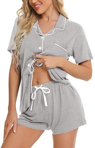 SWOMOG Womens Pyjamas Set Short Sleeve Sleepwear Button Down Nightwear Two piece Pj Lounge Sets L Grey