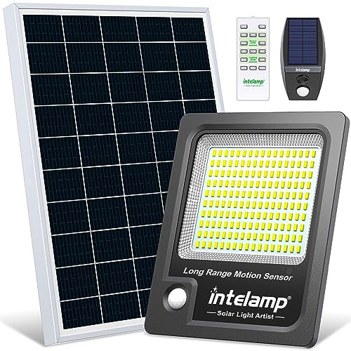 INTELAMP Faro Led Esterno Con Pannello Solare, 12000mAh Fari Solari a Led da Esterno 3000LM Impermeabile Lampione Solare Esterno con Telecomando e Sensore Crepuscolare,Funzione timer, cavo da 5M