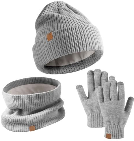 AWAVM Kids Winter Hat Scarf Gloves Set 3 PCS Warm Thermal Knitted Beanie Cap Snood Neck Warmer Touchscreen Mitten Soft Fleece Lining Elastic for Children Aged 5-12 Outdoor Sports