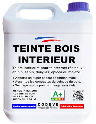 Teinte Bois Interieur - Codeve Bois/Chêne Foncé - 5 L - Intérieur - Pour Teinter Vos Bois Résineux En Pin, Sapin, Douglas, épicéa Ou Mélèze.