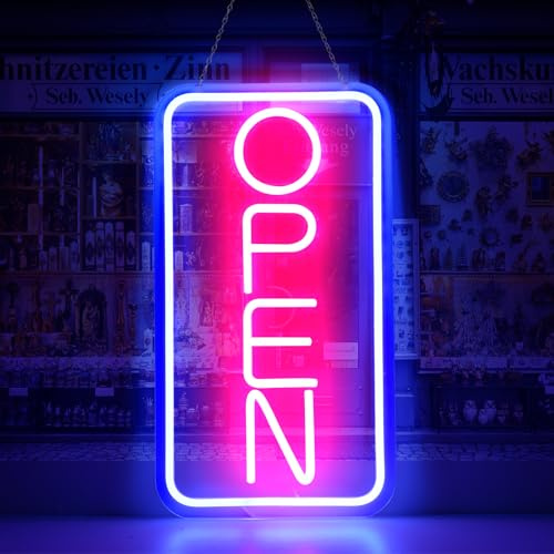 Rdutuok OPEN Letreros LED de Neón, 42 x 22 cm, Letreros Abiertos Iluminados, Tablero de Publicidad, Letrero Eléctrico Alimentado por USB, Ajustable, Brillante, Para Tiendas, Ventanas （Open Vertical）
